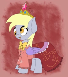 Size: 2000x2250 | Tagged: safe, artist:mrneo, character:derpy hooves, species:pegasus, species:pony, big crown thingy, blep, bow tie, clothing, cosplay, costume, crossover, cute, derpabetes, dress, ear fluff, element of magic, fake wings, female, high res, houraisan kaguya, imperishable night, jewelry, mare, red background, regalia, simple background, solo, tongue out, touhou