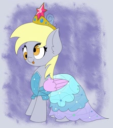 Size: 2000x2250 | Tagged: safe, alternate version, artist:mrneo, character:derpy hooves, species:pegasus, species:pony, episode:canterlot boutique, g4, my little pony: friendship is magic, big crown thingy, blep, blue background, clothing, cute, derpabetes, dress, ear fluff, element of magic, fake wings, female, high res, jewelry, mare, princess derpy, princess dress, regalia, simple background, solo, tongue out