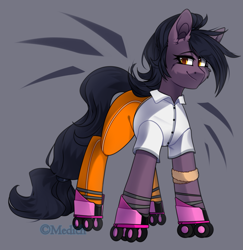 Size: 1891x1945 | Tagged: safe, artist:mediasmile666, oc, oc:whisper step, species:earth pony, species:pony, clothing, female, mare, pants, rollerblades, shirt, smiling, space horse rpg, sweatband