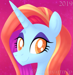 Size: 1143x1164 | Tagged: safe, artist:kimmyartmlp, character:sassy saddles, bust, colored pupils, female, pink background, portrait, signature, simple background, smiling, solo, starry eyes, wingding eyes