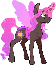 Size: 834x956 | Tagged: safe, alternate version, artist:malphym, oc, oc only, oc:princess rubellite tourmaline, parent:princess celestia, parent:queen chrysalis, parents:chryslestia, species:changepony, eyeshadow, female, glowing horn, grin, horn, horn ring, hybrid, interspecies offspring, magic, magical lesbian spawn, makeup, offspring, simple background, smiling, solo, trans female, transgender, transparent background