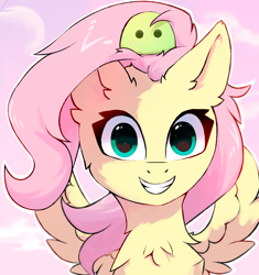Size: 1600x1700 | Tagged: safe, artist:glazirka, character:fluttershy, species:pegasus, species:pony, bust, chest fluff, female, full face view, grin, looking at you, mare, outline, portrait, sitting on head, smiling, solo, spread wings, white outline, wings