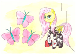 Size: 1280x906 | Tagged: safe, artist:zocidem, character:fluttershy, species:pegasus, species:pony, augmentation, augmented, biohacking, crossover, cyborg, deus ex, drawing, female, solo, technology, traditional art