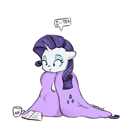 Size: 11467x11467 | Tagged: safe, artist:ratann, character:rarity, species:pony, species:unicorn, absurd resolution, blanket, book, cozy, cute, cutie mark, dialogue, female, food, heart, mare, mug, raribetes, simple background, solo, speech bubble, speedpaint available, tea, white background