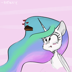 Size: 2620x2616 | Tagged: safe, artist:ratann, character:princess celestia, species:alicorn, species:pony, blep, blushing, bust, cake, cakelestia, cheek fluff, chocolate cake, cute, cutelestia, female, food, heart, high res, mare, portrait, solo, tongue out