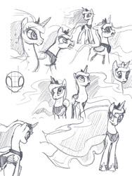 Size: 812x1080 | Tagged: safe, artist:tswt, character:princess luna, species:alicorn, species:pony, black and white, character study, expressions, facial expressions, female, grayscale, jewelry, mare, monochrome, regalia, simple background, sketch, solo, study, white background