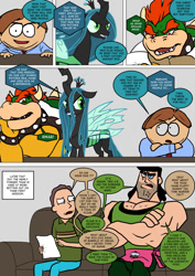 Size: 800x1133 | Tagged: safe, artist:imbriaart, character:queen chrysalis, species:changeling, species:human, comic:magic princess war, bowser, changeling queen, clothing, comic, couch, crossover, eric cartman, female, jerry smith, male, paper, rick and morty, south park, suggestive series, super mario bros.