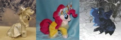 Size: 2439x816 | Tagged: safe, artist:crazyditty, character:applejack, character:pinkie pie, character:princess luna, female, hearth's warming, irl, photo, plushie, spirit of hearth's warming past, spirit of hearth's warming presents, spirit of hearth's warming yet to come