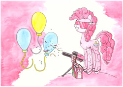 Size: 1280x906 | Tagged: safe, artist:zocidem, character:pinkie pie, species:earth pony, species:pony, augmented, biohacking, crossover, cyborg, deus ex, drawing, female, mare, party cannon, simple background, solo, technology, traditional art, visor, weapon