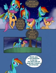 Size: 2511x3245 | Tagged: safe, artist:juanrock, character:rainbow dash, character:scootaloo, species:pegasus, species:pony, comic:element of loyalty, carrying, cloud, comic, cute, cutealoo, drinking, eyes closed, female, filly, flying, frown, goggles, grin, holding a pony, leaning, looking back, mare, night, open mouth, prone, raised eyebrow, raised hoof, scootalove, sky, smiling, smirk, spread wings, squee, stars, straw, water bottle, wings