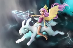 Size: 1280x836 | Tagged: safe, artist:vyazinrei, character:fluttershy, species:human, my little pony:equestria girls, badass, boots, clothing, cloud, dress, flutterbadass, lightning, long hair, shoes, thunderstorm, wings