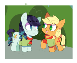 Size: 1571x1287 | Tagged: safe, artist:stuwor-art, character:applejack, character:coloratura, species:earth pony, species:pony, ship:rarajack, clothing, cutie mark, female, filly, filly applejack, filly coloratura, lesbian, rara, shipping, younger