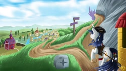 Size: 1600x900 | Tagged: safe, artist:jphyperx, oc, oc only, oc:dawn slasher, species:pony, species:unicorn, fanfic:13fates, canterlot, male, ponyville, road sign, scenery, sky, stallion, sweet apple acres, travelling, village, wagon