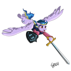 Size: 3543x3543 | Tagged: safe, artist:ghouleh, oc, oc only, oc:sky song, species:pegasus, species:pony, clothing, dive, diving, flight, flying, hat, rapier, shield, simple background, solo, sword, transparent background, weapon