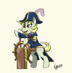 Size: 1842x1860 | Tagged: safe, artist:ghouleh, oc, oc only, oc:high tailwind, species:earth pony, species:pony, admiral, blank flank, cap, captain, clothing, coat, hat, pirate, steering wheel