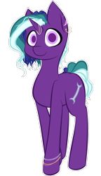 Size: 1558x2702 | Tagged: safe, artist:those kids in the corner, oc, oc only, oc:spark, species:pony, species:unicorn, bracelet, female, jewelry, looking at you, mare, scar, simple background, smiling, solo, transparent background, wrench