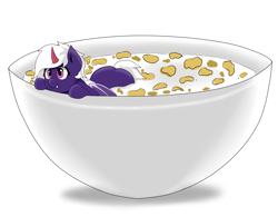 Size: 4096x3200 | Tagged: safe, artist:waffletheheadmare, oc, oc only, species:bat pony, species:pony, bowl, cereal, corn flakes, fangs, female, food, horn, mare, milk, pink eyes, purple coat, simple background, smiling, tooth, white mane, wings