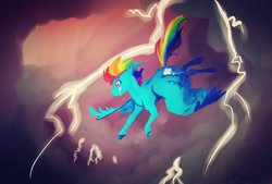 Size: 1280x867 | Tagged: safe, artist:finchina, character:rainbow dash, species:pegasus, species:pony, cloud, cutie mark, female, flying, grin, gritted teeth, lightning, mare, smiling, solo, storm, windswept mane
