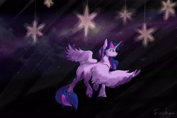 Size: 3000x2000 | Tagged: safe, artist:finchina, character:twilight sparkle, character:twilight sparkle (alicorn), species:alicorn, species:pony, cloven hooves, cutie mark, female, galaxy, leonine tail, mare, solo, space, spread wings, stars, surreal, unshorn fetlocks, walking, wings