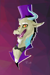 Size: 2014x2977 | Tagged: safe, artist:finchina, character:discord, species:draconequus, abstract background, bow tie, bust, clothing, hat, head only, looking at you, male, open mouth, portrait, solo, suit, top hat