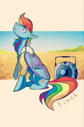 Size: 1365x2048 | Tagged: safe, artist:finchina, character:rainbow dash, species:pegasus, species:pony, abstract background, clothing, duo, female, floppy ears, looking up, mare, necktie, portal (valve), portal 2, shirt, sitting, wheatley
