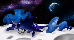 Size: 3323x1804 | Tagged: safe, artist:finchina, character:nightmare moon, character:princess luna, species:alicorn, species:pony, banishment, crossover, cutie mark, duo, earth, ethereal mane, eyes closed, female, galaxy, galaxy mane, helmet, jewelry, leonine tail, mare, moon, on the moon, planet, portal (valve), portal 2, prone, regalia, space, speedpaint available, stars, tail feathers, wheatley