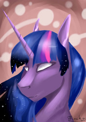 Size: 1700x2400 | Tagged: safe, artist:finchina, character:twilight sparkle, species:pony, abstract background, bust, ethereal mane, female, galaxy mane, glowing eyes, mare, solo