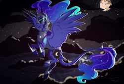Size: 1900x1300 | Tagged: safe, artist:finchina, character:nightmare moon, character:princess luna, armor, cloud, cutie mark, ethereal mane, face paint, female, flying, galaxy mane, glowing eyes, helmet, jewelry, leonine tail, moon, night, regalia, solo, spread wings, starry night, stars, tail feathers, wings