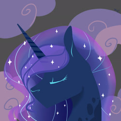 Size: 2449x2449 | Tagged: safe, artist:finchina, character:princess luna, species:pony, bust, cloud, dappled, ethereal mane, eyes closed, female, galaxy mane, icon, mare, missing accessory, no mouth, solo