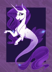 Size: 1730x2398 | Tagged: safe, artist:finchina, character:rarity, species:seapony (g4), abstract background, alternate hairstyle, alternative cutie mark placement, dappled, ear piercing, earring, female, gem, jewelry, leg fluff, lidded eyes, merpony, open mouth, piercing, raised hoof, seaponified, seapony rarity, smiling, solo, species swap