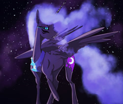 Size: 2400x2036 | Tagged: safe, artist:finchina, character:nightmare moon, character:princess luna, species:alicorn, species:pony, black sclera, commission, cutie mark, ear fluff, ethereal mane, eye glint, face paint, fangs, female, galaxy, glowing eyes, mare, missing accessory, open mouth, peytral, raised hoof, solo, stars