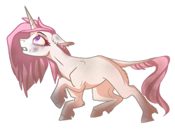 Size: 3024x2299 | Tagged: safe, artist:finchina, character:princess celestia, species:pony, species:unicorn, alternate universe, blank flank, dirty, ear fluff, female, floppy ears, leonine tail, looking up, mare, messy mane, pink-mane celestia, race swap, raised hoof, simple background, solo, transparent background, unicorn celestia, unshorn fetlocks, young celestia, younger
