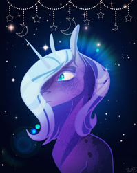 Size: 1785x2245 | Tagged: safe, artist:finchina, character:princess luna, species:pony, abstract background, bust, dappled, female, mare, s1 luna, solo, stars, young luna, younger