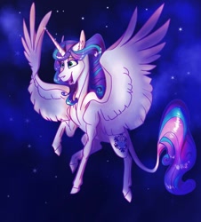 Size: 1024x1134 | Tagged: safe, alternate version, artist:finchina, character:princess flurry heart, species:alicorn, species:pony, cloud, cutie mark, female, flying, leonine tail, mare, night, older, older flurry heart, open mouth, solo, spread wings, stars, wings