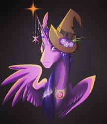 Size: 1647x1898 | Tagged: safe, artist:finchina, character:twilight sparkle, character:twilight sparkle (alicorn), species:alicorn, species:pony, bust, clothing, emotionless, female, flower, gradient background, hat, horn, horn jewelry, jewelry, looking at you, mare, peytral, solo, spread wings, stern, wings, wizard hat