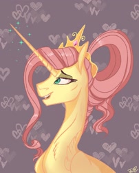 Size: 1955x2417 | Tagged: safe, artist:finchina, character:fluttershy, species:alicorn, species:pony, episode:the last problem, g4, my little pony: friendship is magic, abstract background, alicornified, chest fluff, eyeshadow, female, fluttercorn, glowing horn, horn, jewelry, lidded eyes, makeup, mare, older, older fluttershy, open mouth, princess, princess fluttershy, race swap, solo, tiara