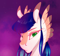 Size: 2400x2231 | Tagged: safe, artist:finchina, oc, oc only, species:pony, blaze (coat marking), bust, cheek feathers, female, gift art, lidded eyes, looking at you, mare, night, solo, stars