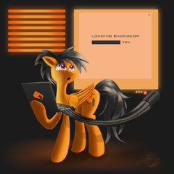 Size: 2300x2300 | Tagged: safe, artist:jphyperx, oc, oc only, oc:cloud flare, species:pegasus, species:pony, computer, cutie mark, female, hack, hacker, laptop computer, looking up, mare, open mouth, science fiction, solo, technology