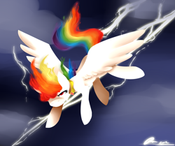 Size: 2449x2049 | Tagged: safe, artist:polkadot-creeper, character:rainbow dash, species:pegasus, species:pony, badass, cloud, element of loyalty, epic, female, flying, mare, sky, solo, spread wings, storm, super rainbow dash, wings