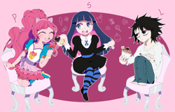 Size: 3112x2000 | Tagged: safe, artist:stuwor-art, character:pinkie pie, species:human, anarchy stocking, annoyed, candy, crossover, death note, food, humanized, kotobukiya pinkie pie, l lawliet, panty and stocking with garterbelt