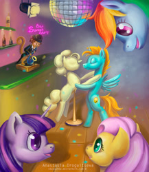 Size: 900x1035 | Tagged: safe, artist:stasushka, character:fluttershy, character:rainbow dash, character:twilight sparkle, oc, oc:harmony star, species:alicorn, species:pony, alicorn oc, bipedal, dancing, disco ball, horn, mannequin, monkey, musical instrument, ponyquin, saxophone, wings