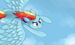 Size: 3580x2140 | Tagged: safe, artist:waffletheheadmare, character:rainbow dash, species:pegasus, species:pony, cloud, cutie mark, eyelashes, feather, flying, multicolored hair, pink eyes, sky, smiling, wings
