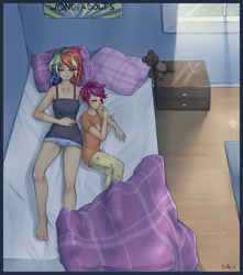 Size: 3670x4160 | Tagged: safe, artist:missangest, character:rainbow dash, character:scootaloo, species:human, barefoot, clothing, content, cuddling, cute, feet, happy, humanized, pajamas, scootalove, sleeping, smiling