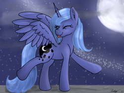 Size: 1600x1200 | Tagged: safe, artist:kalashnikitty, character:princess luna, species:alicorn, species:pony, blep, cloud, cute, dancing, eyes closed, female, looking back, lunabetes, mare, moon, night, night sky, night sky background, s1 luna, sky, solo, someone boop this pony, spread wings, stars, tongue out, wings