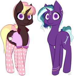 Size: 2635x2713 | Tagged: safe, artist:those kids in the corner, oc, oc only, oc:spark, oc:sweet tart, species:pony, species:unicorn, bracelet, clothing, duo, ear piercing, earring, female, happy, horn, horn ring, jacket, jewelry, looking at you, mare, piercing, polka dots, ponytail, siblings, simple background, sisters, smiling, socks, transparent background