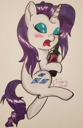 Size: 2534x3882 | Tagged: safe, artist:iffoundreturntorarity, character:rarity, alcohol, blushing, drunk, drunk rarity, messy mane, sleeping, traditional art, wine, wine bottle