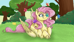 Size: 5600x3150 | Tagged: safe, artist:feathershine1, character:fluttershy, species:pegasus, species:pony, butterfly, butterfly on nose, cloven hooves, cross-eyed, cute, ear fluff, female, folded wings, grass, high res, insect on nose, looking at something, mare, outdoors, prone, shyabetes, smiling, solo, stray strand, tree, wings