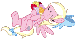 Size: 1860x982 | Tagged: safe, artist:sugarplanets, base used, oc, oc only, oc:bay breeze, species:pegasus, species:pony, bouquet, bow, eyes closed, female, flower, hair bow, mare, simple background, solo, transparent background