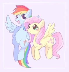 Size: 1940x2048 | Tagged: safe, artist:ginmaruxx, character:fluttershy, character:rainbow dash, species:pegasus, species:pony, blushing, duo, female, hooves on hips, mare, pink background, simple background, smiling, spread wings, three quarter view, wings