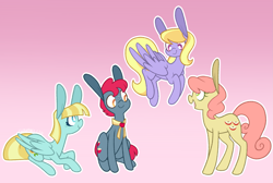 Size: 2305x1553 | Tagged: safe, artist:connorbal, character:apple split, character:cloud kicker, character:gala appleby, character:helia, species:earth pony, species:pegasus, species:pony, apple family member, background pony, female, flying, freckles, gradient background, impossibly large ears, male, mare, stallion, white pupils